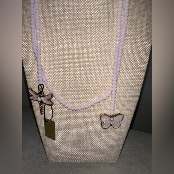 Pink rope necklace w/butterfly & dragonfly pendants by Heidi Daus - Picture 3 of 8